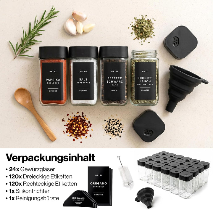 EDELHAUS Gewürzgläser Eckig Set mit Schwarzem Verstellbarerem Deckel (24 x 120ml) Gewürzstreuer mit