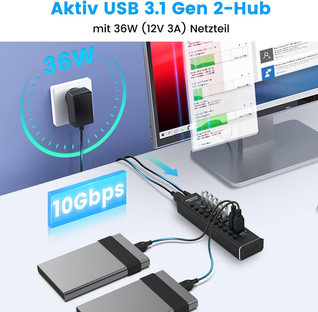 RSHTECH USB 3.1 Hub mit Netzteil 36W, mit 10*10Gbps USB 3.2-Port Aluminium USB Hub 3.2 Gen2 Aktiv mi