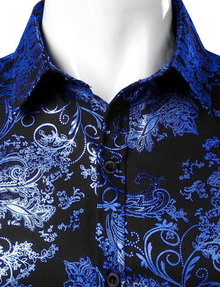 PARKLEES Herren Luxus Paisley Gemustert Golden Glänzend Slim Fit Freizeithemd M Schwarz Royal Blau,