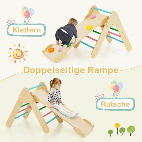 FANTASK 4 in 1 Klettergerüst mit rutsche, Kletterdreieck Holz inkl. doppelseitige Rampe & Kletterbog