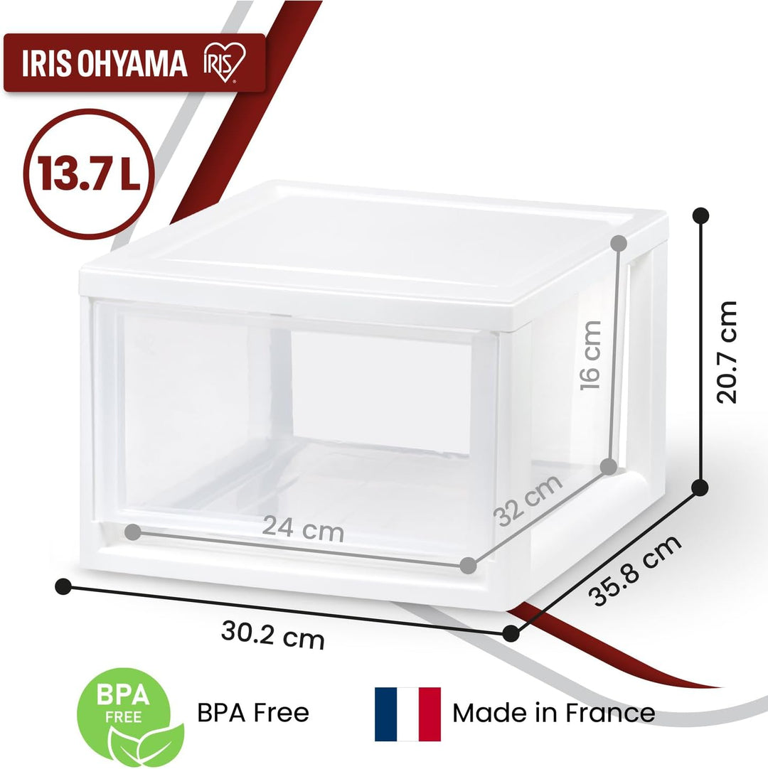 Iris Ohyama, Stapelbare Aufbewahrungsschublade, Schubladenbox aus Kunststoff, 13,7L, 3er-Set, Weiss,