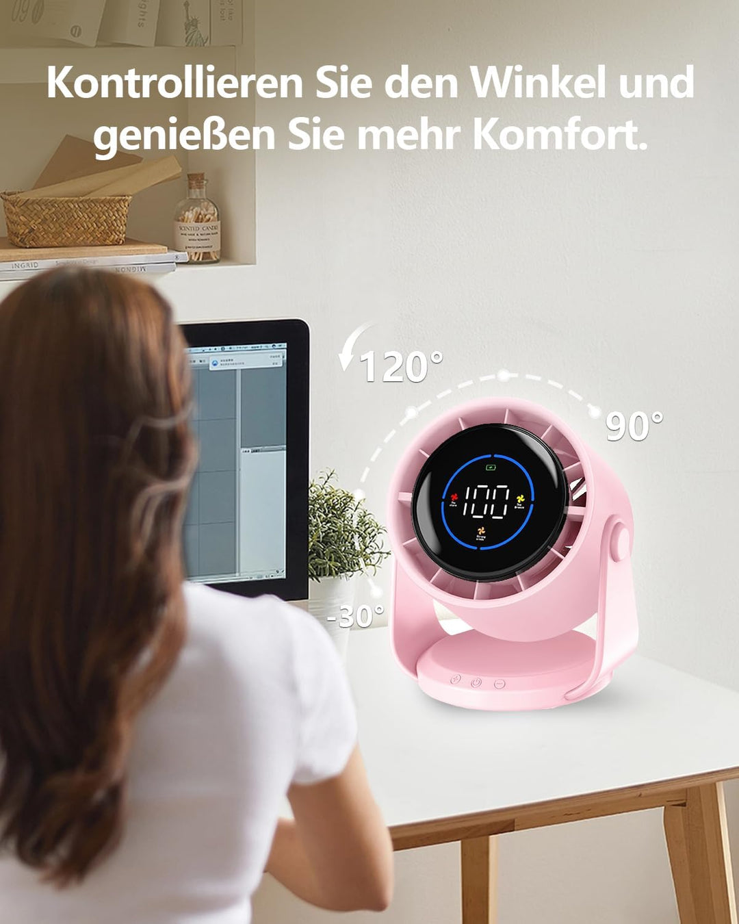 Tischventilator, USB Ventilator mit 100 Geschwindigkeitsstufen 105° Schwenkfunktion LED Display mit