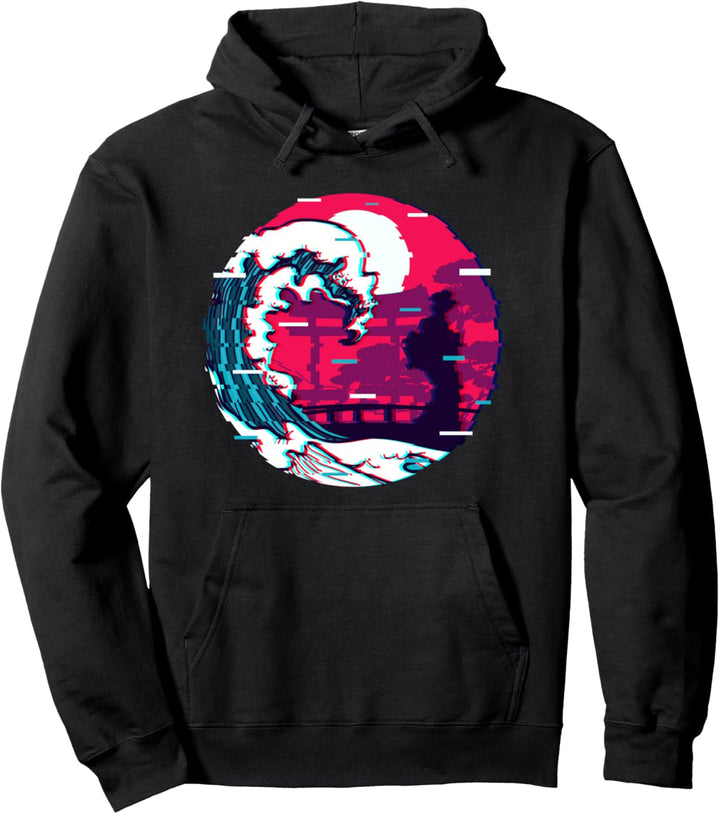Kawaii Geisha Kanagawa Wave Vaporwave Japan Aesthetic Glitch Pullover Hoodie