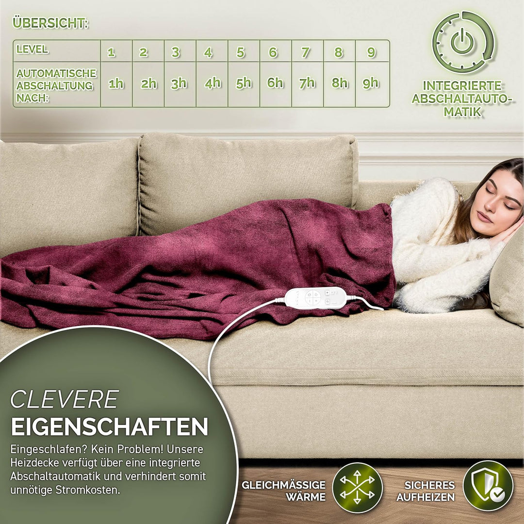 sinnlein® Heizdecke aus Plüsch 160 x 120 cm | elektrische Wärmedecke mit Abschaltautomatik | Kuschel