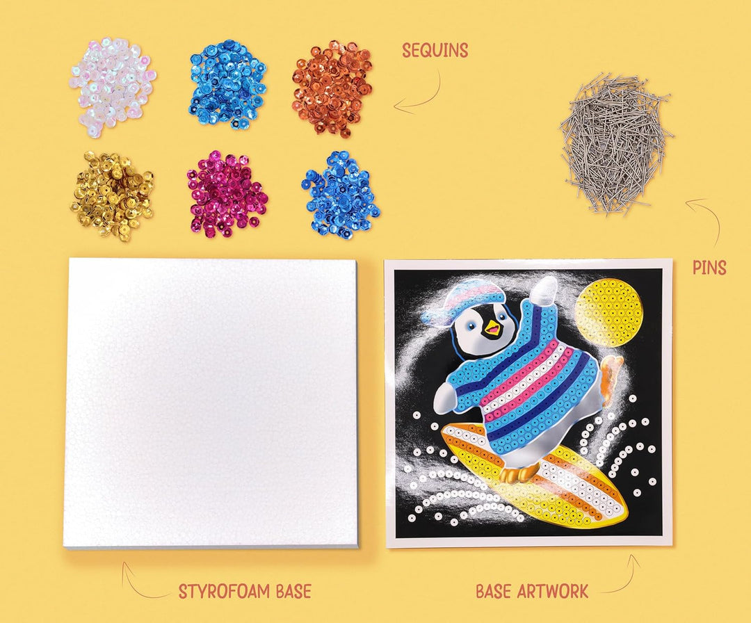 Kitfix - Sequin Art® 60 - Pinguin - Paillettenbild für Kinder- 20 x 20cm - 60min Bastelprojekt - Bas
