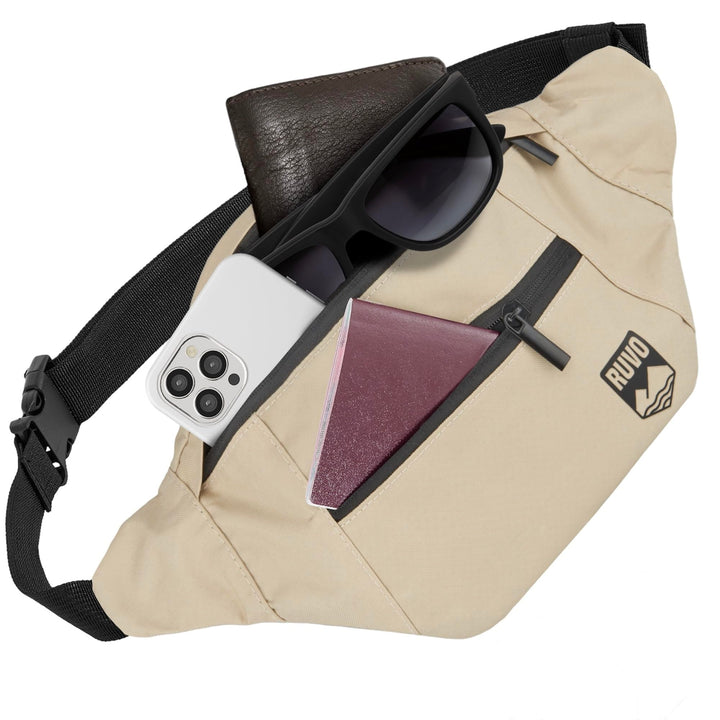 RUVO® Bauchtasche Herren und Damen | stylische Gürteltasche für maximalen Stauraum | 4 Fächer jeweil