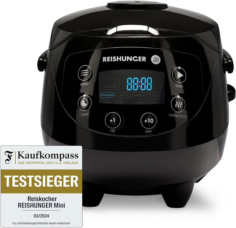 Digitaler Reishunger Mini Reiskocher und Dampfgarer in Schwarz - Warmhaltefunktion, Timer & Premium