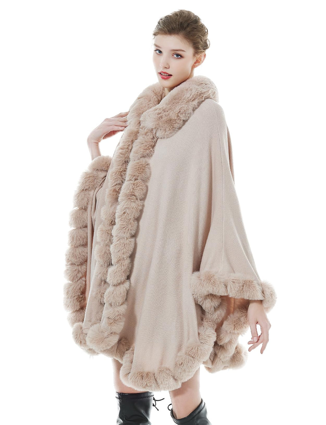 BEAUTELICATE Kunstpelz Poncho Cape Strick Damen Winter Kunstfell Stola Schal Cape Cardigan Warm mit