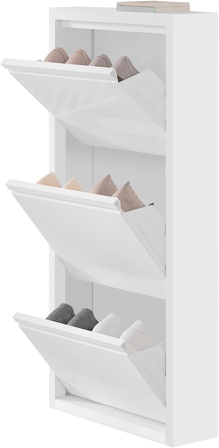 WOLTU Schuhschrank mit 3 Klappen, Schuhregal geschlossen, Schuhkommode schmal, aus Metall, für Flur