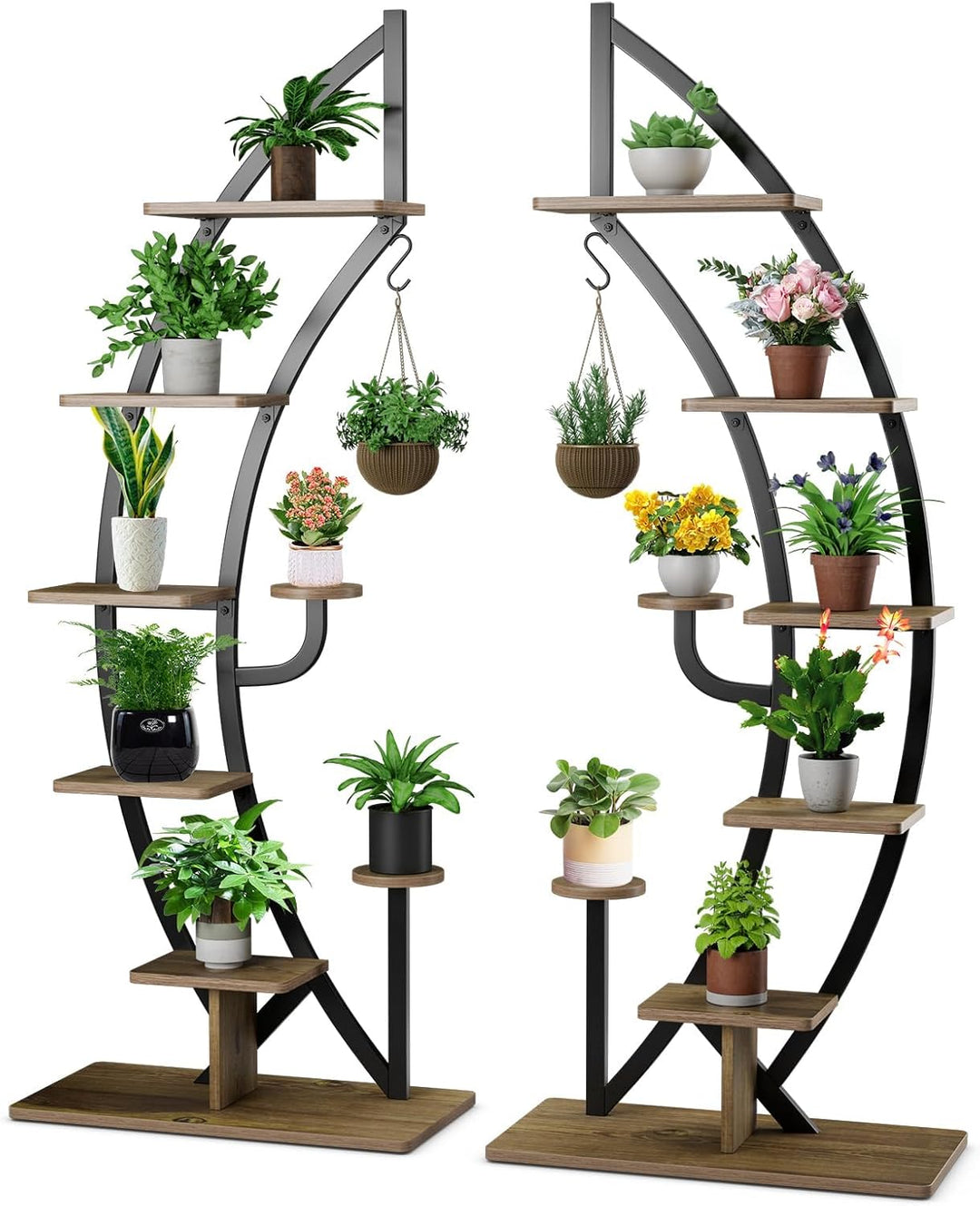 HOMASIS 6 Ebenen Blumenständer aus Metall, Pflanzenregal mit 7 Ablagen & 1 Haken, elegante Halbmondf