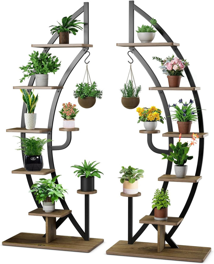 HOMASIS 6 Ebenen Blumenständer aus Metall, Pflanzenregal mit 7 Ablagen & 1 Haken, elegante Halbmondf