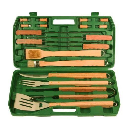 Grillbesteck mit Holzgriff, Edelstahl, Set (18-teilig), Koffer