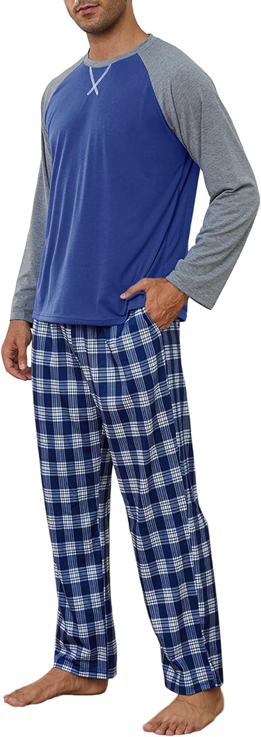 CheChury Herren Schlafanzug Lang Pyjama Rundhals Männer Langarm Oberteil und Karierte Schlafanzughos