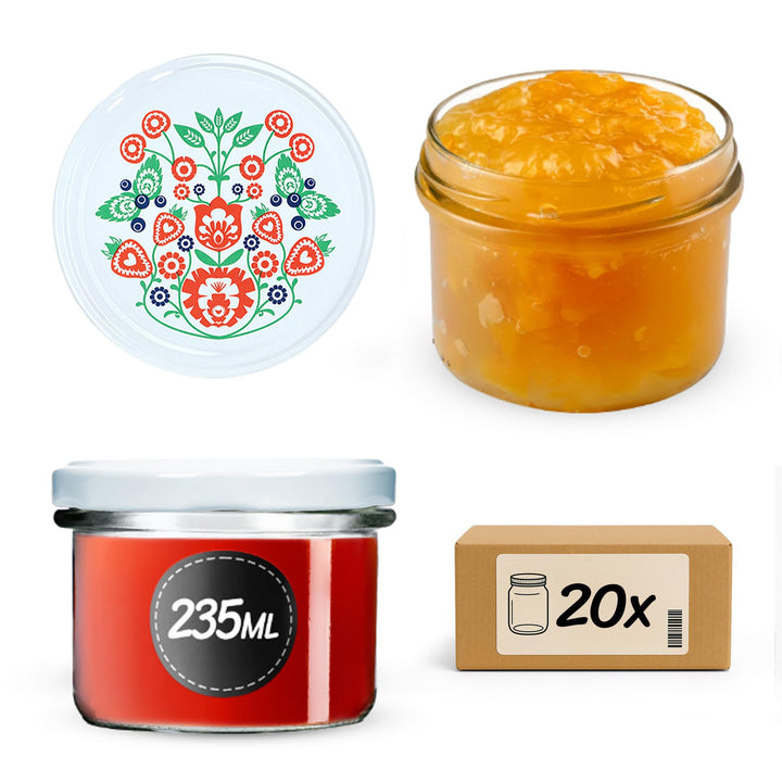 KADAX 20er Set Marmeladengläser 235ml TO82 Folklore, Einmachgläser Vorratsgläser Mason Jar mit Schra