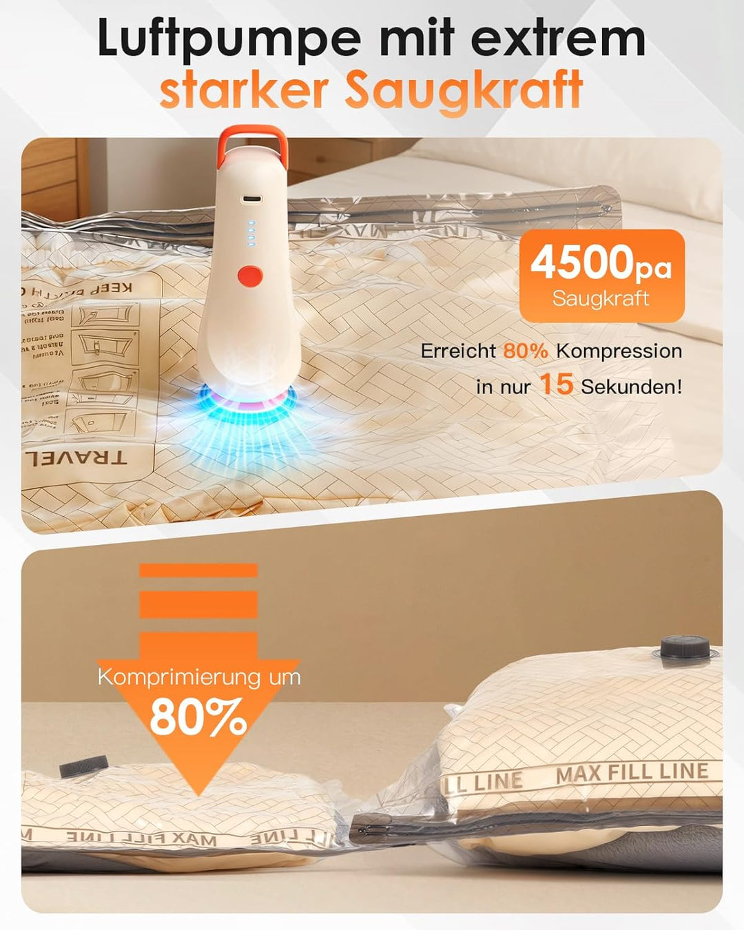 Lullu Reise Vakuumbeutel für Kleidung mit Pumpe, 12 Vacuum Bags for Travel | Vakuum Beutel 4*40x50,4