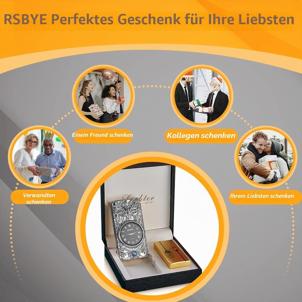 RSBYE Feuerzeug Elektrisch, Lichtbogen Feuerzeug mit Uhr, Plasma Feuerzeug, USB Feuerzeuge Wiederauf