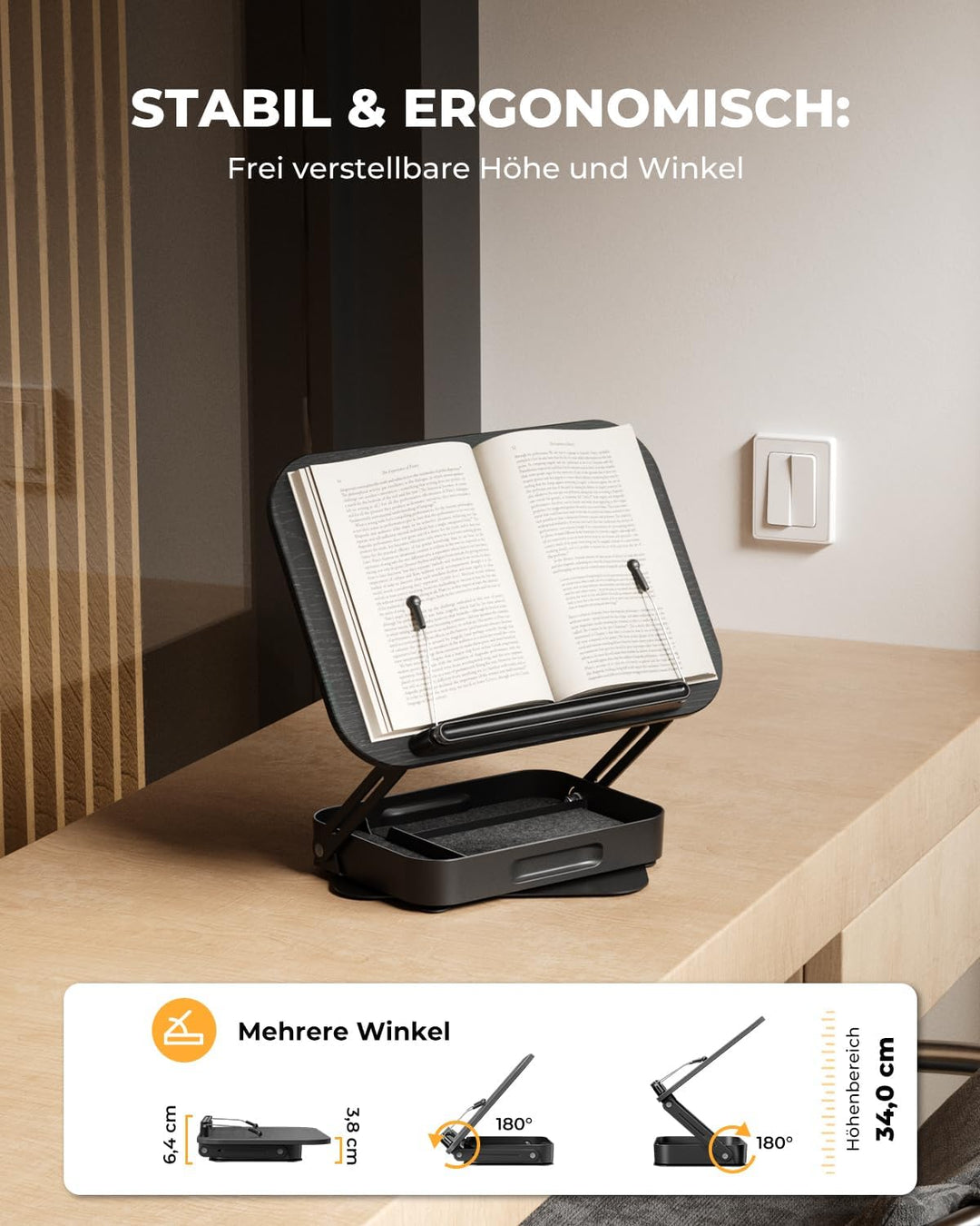 SupeDesk Buchständer Holz mit praktischem Stauraum, 360° drehbarer Buchhalter Leseständer, höhenvers
