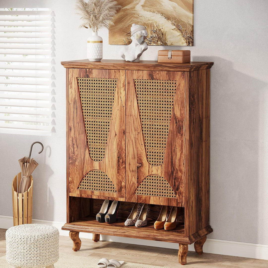 Tribesigns Rattan-Schuhschrank mit 2 Türen, 75x 37x 110cm, Schuhkipper schmal,7-stöckig Schuhregal f