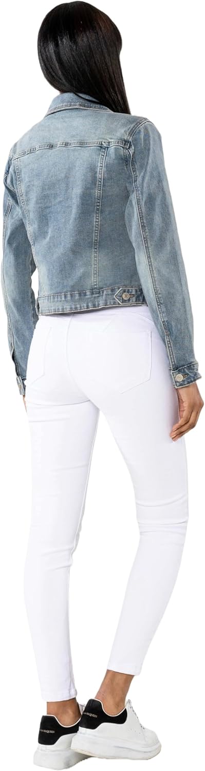 Nina Carter S338 Damen Jeansjacke Übergangsjacke Leichte Waschungseffekt Jacke Blau Denim Casual S V