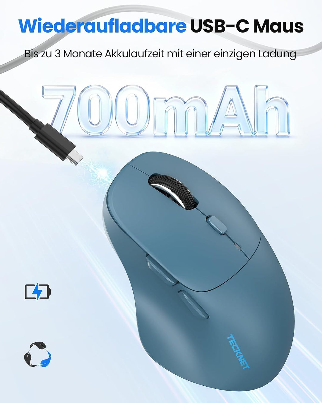 TECKNET Bluetooth Maus Wiederaufladbar, Ergonomische Daumenauflage Blau, Blau