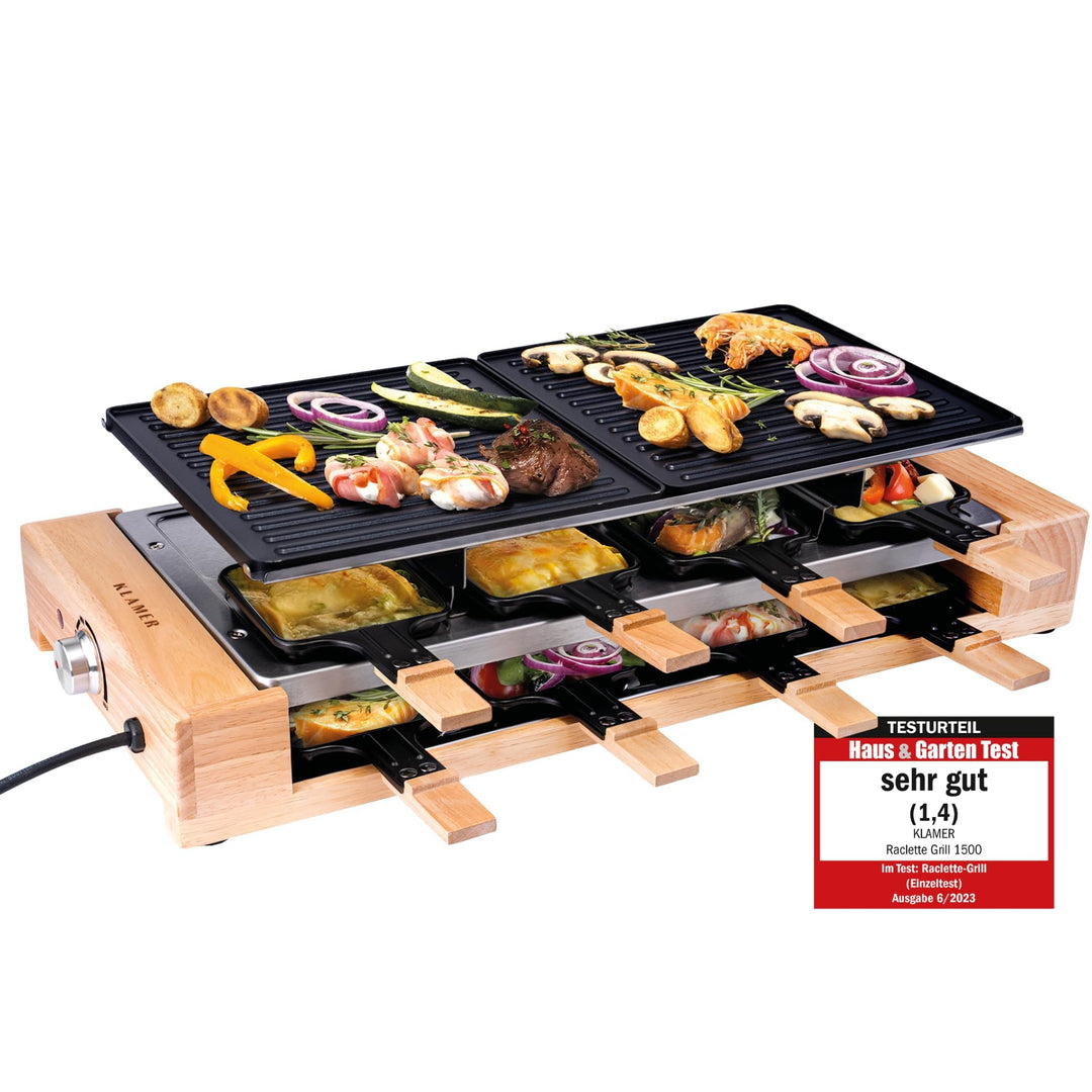 KLAMER Raclette 8 Personen, 1500W Raclette Grill mit Holzgestell, Raclette mit antihaftbeschichteter