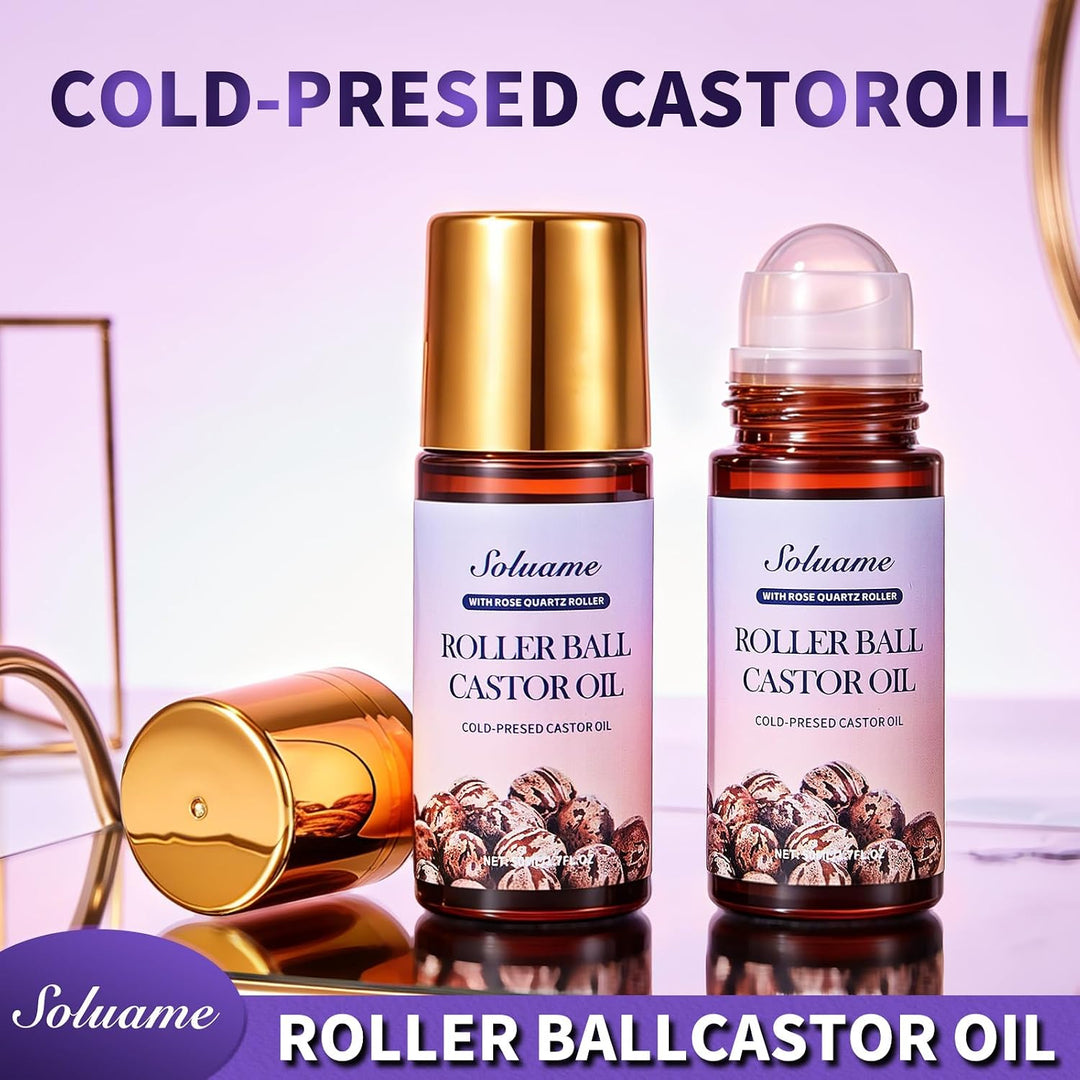 Rollerball Rizinusöl mit Rosenquarz Roller, Kaltgepresstes Reines Rizinusöl Roll On für Gesicht Körp