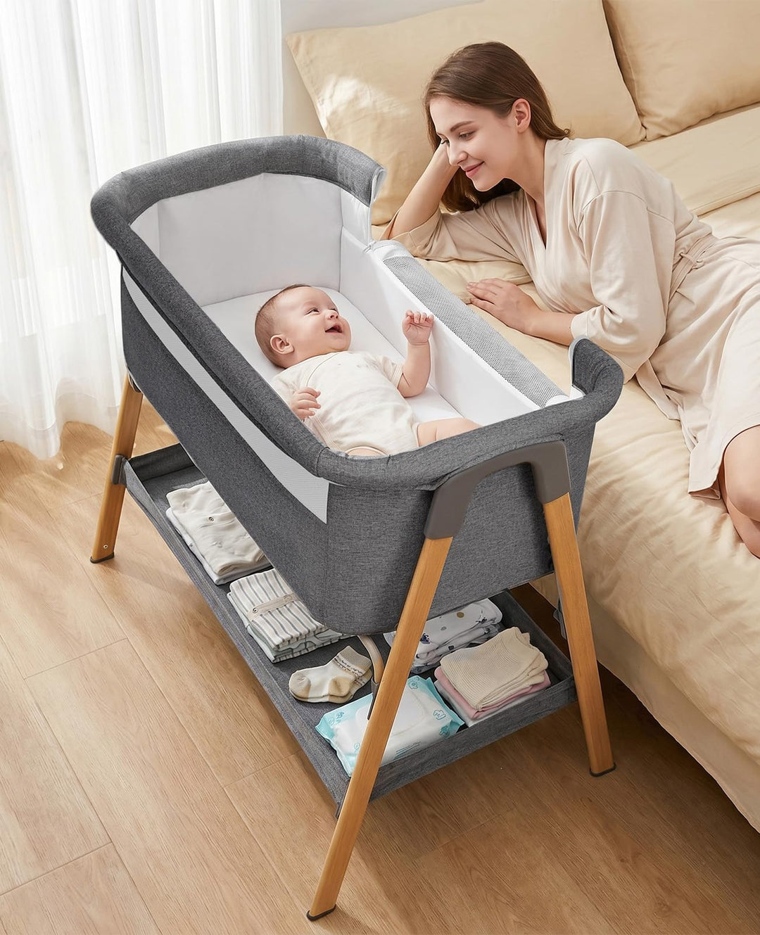 UBRAVOO Beistellbett Baby 2-in-1, Babybett &amp; Baby Wiege für Neugeborene – mit Aufbewahrungskorb &amp; We