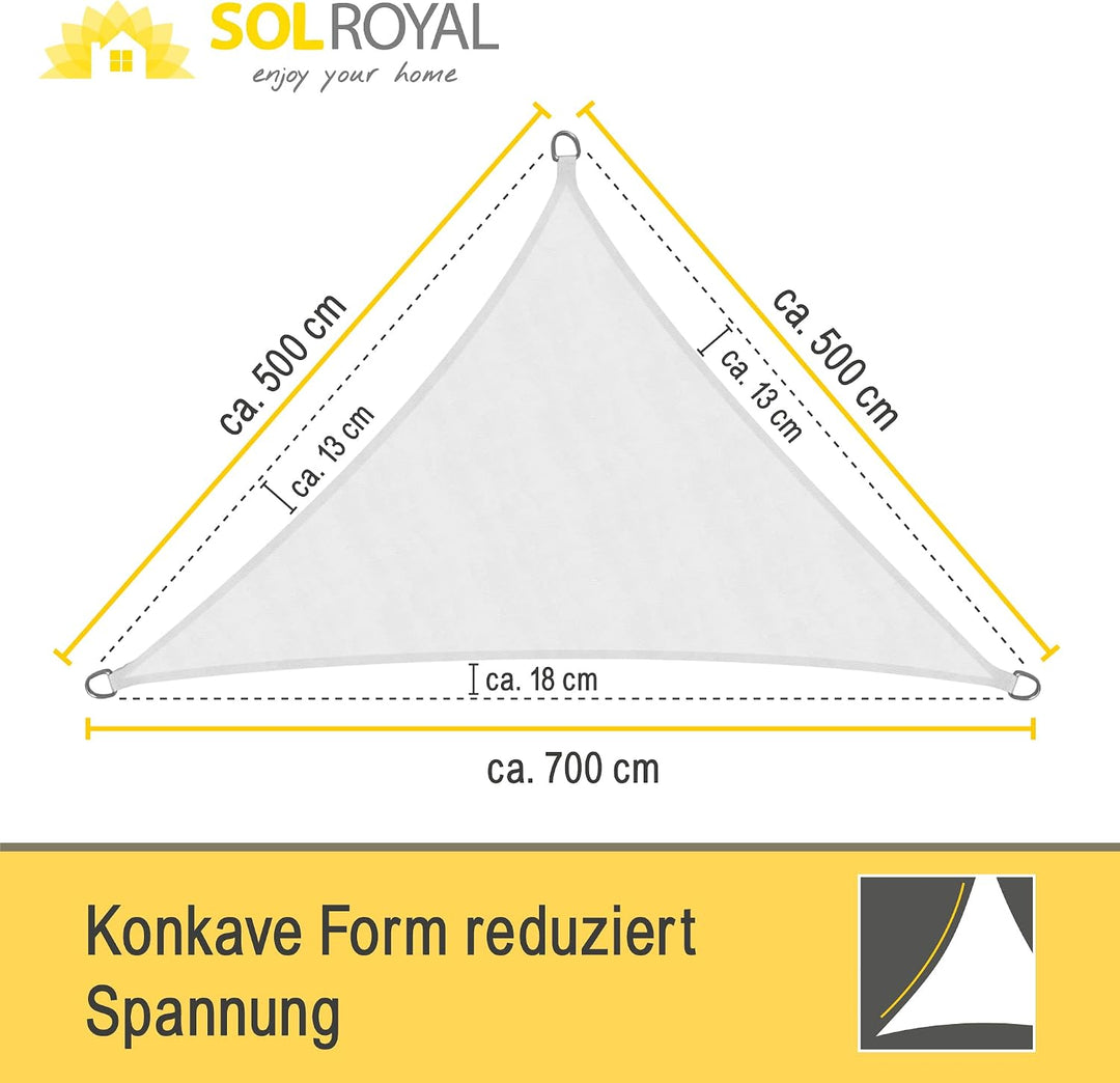 Sol Royal Sonnensegel dreieckig wasserdicht für Terrasse Balkon Garten | 7x5x5m Weiss UV Sonnenschut