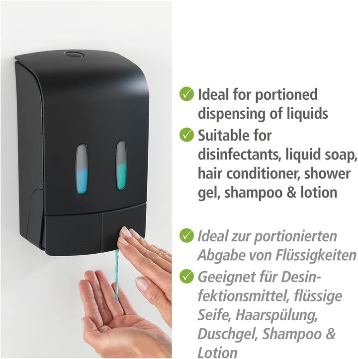 WENKO 2-Kammer Desinfektionsmittel- und Seifenspender Tartas Schwarz, hygienischer Wand-Spender für