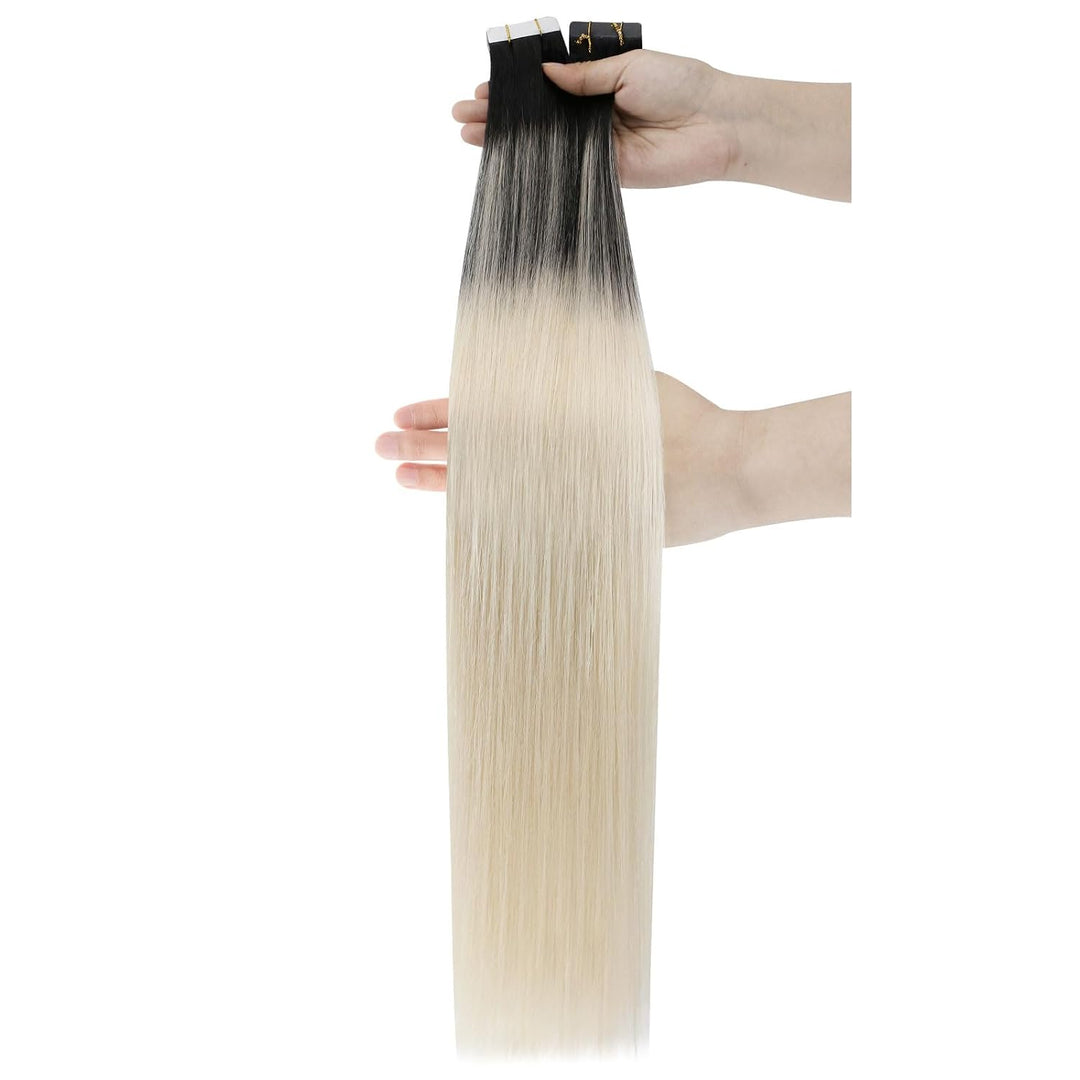 Ugeat Tape Extensions Echthaar Platinblond Ombre 40 cm Ombre Echthaar Extensions Tape Naturschwarz O