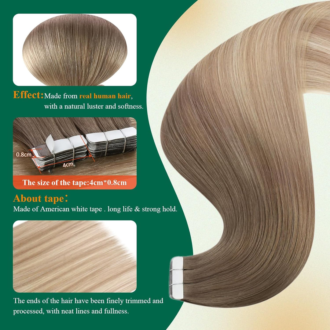 Easyouth Balayage Tape Extensions Echthaar Tape in Extensions Aschbraun Platinblond und Aschblond Mi