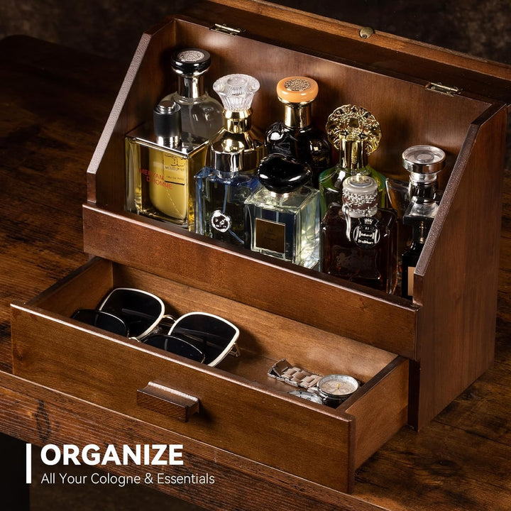 Parfüm Organizer aus Holz - Premium Aufbewahrungsbox mit Schublade für Düfte, Kosmetik & Schmuck - D