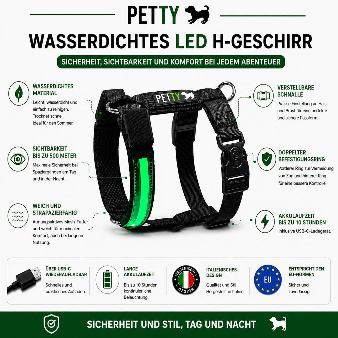 Petty Store -Leuchtharnisch für Hunde, wasserdicht, 3 Farben – Geschirr mit LED, USB-Aufladung bis z