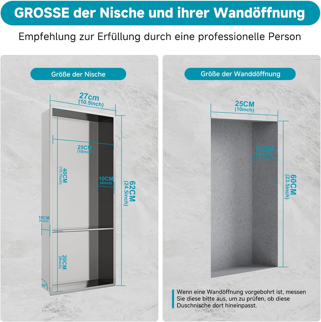 Wandnische Dusche 25x60cm(25x40,25x20cm), Integrierte Fliesenlose Duschablage Einbau Unterputz, Dopp