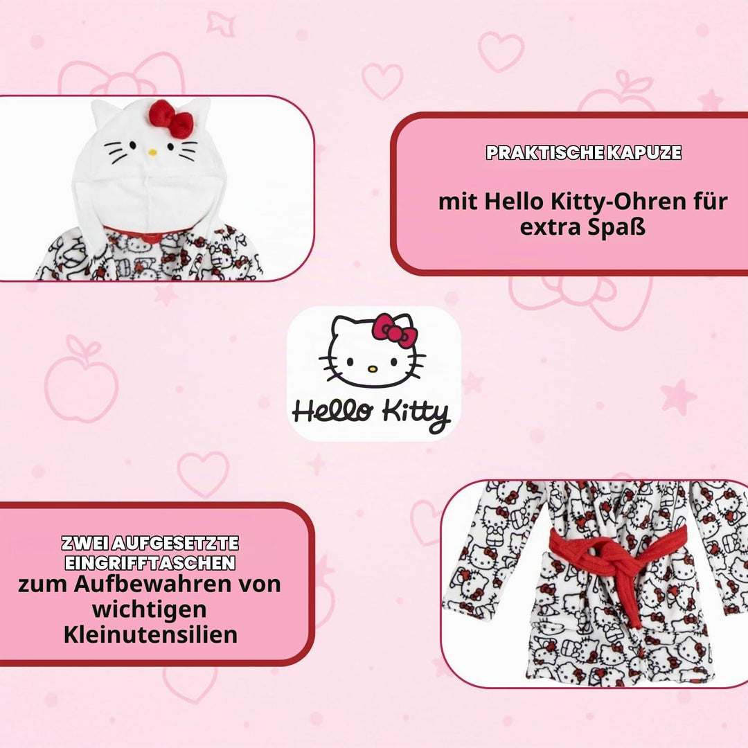 Hello Kitty Mädchen Kinder Bademantel mit Kapuze – Flauschiger Morgenmantel mit niedlichem Katzen-De