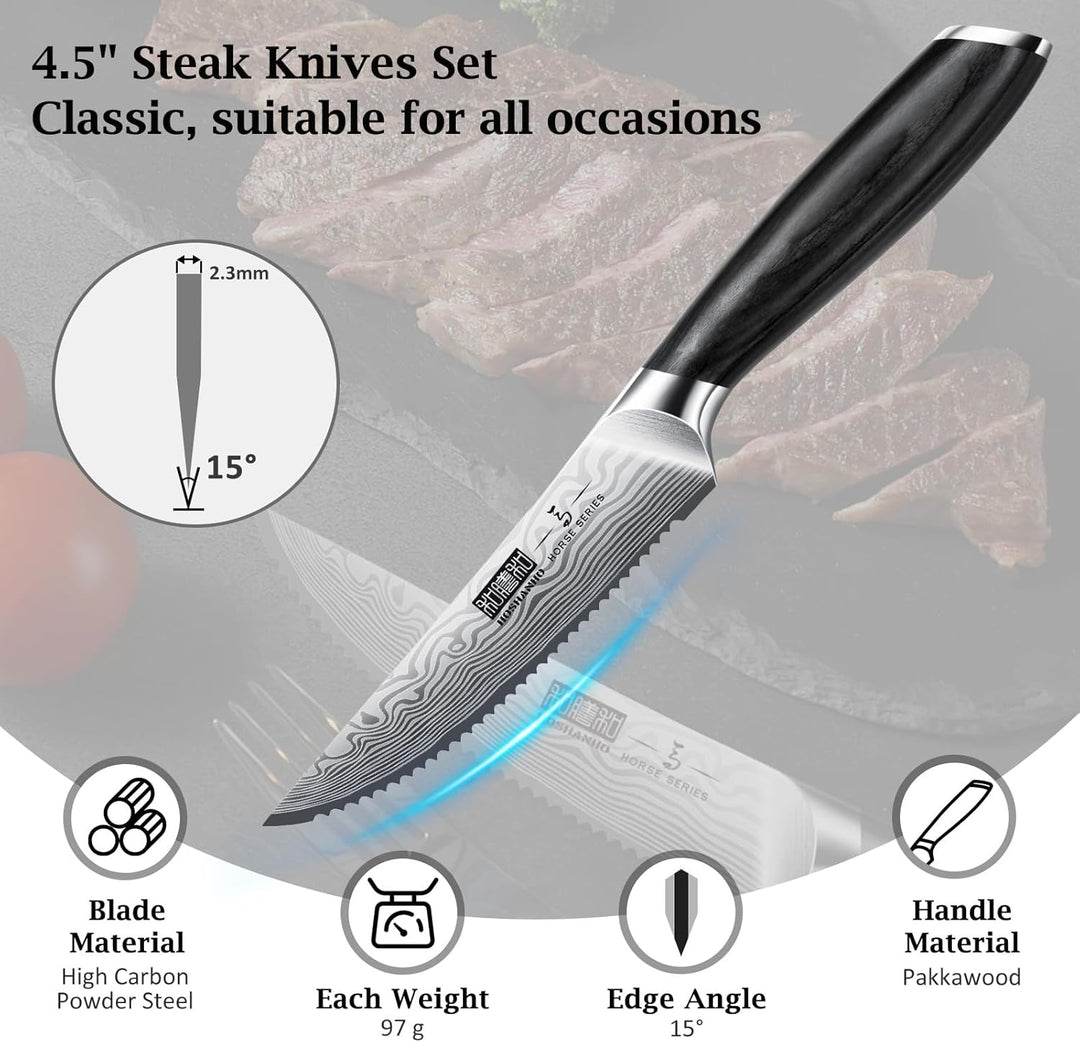 HOSHANHO 6-Teilig Steakmesser-Set, 11,5 cm Steakmesser Set mit Japanischer Wellenschliffklinge, Ultr