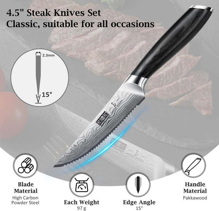 HOSHANHO 6-Teilig Steakmesser-Set, 11,5 cm Steakmesser Set mit Japanischer Wellenschliffklinge, Ultr