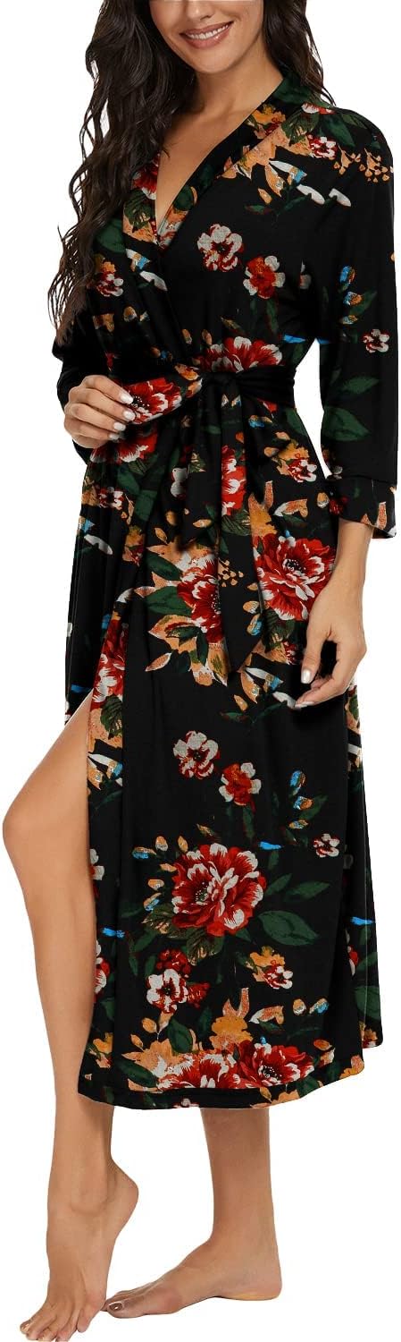 PrinStory Damen Bademantel Leichter 3/4 Ärmeln Morgenmantel V-Ausschnitt Kimono Roben Langes Nachtwä