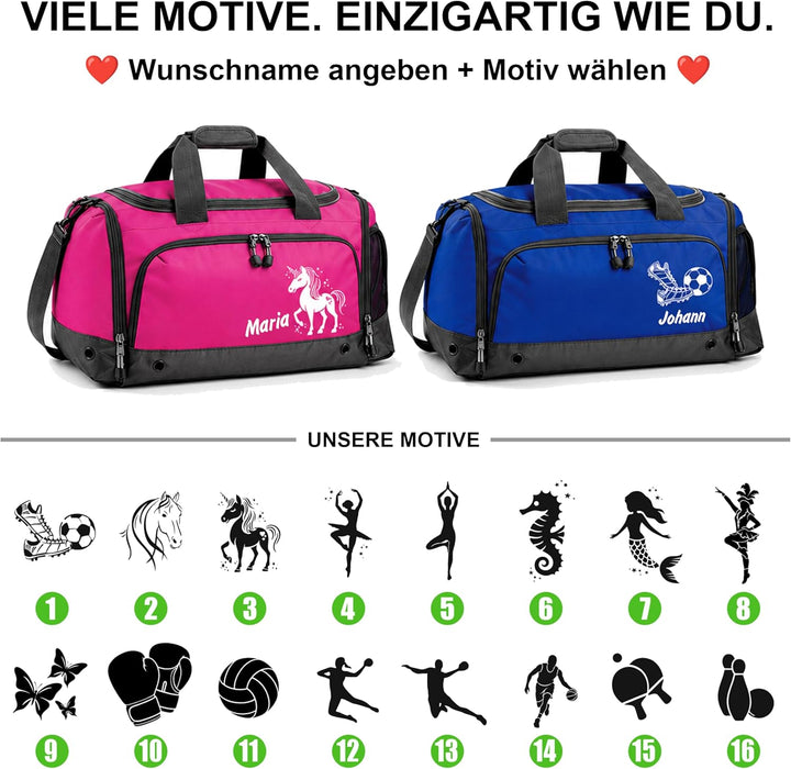 Sporttasche mit Name personalisiert individuell Bedruckt Geschenk für Kinder & Erwachsene kleine Rei