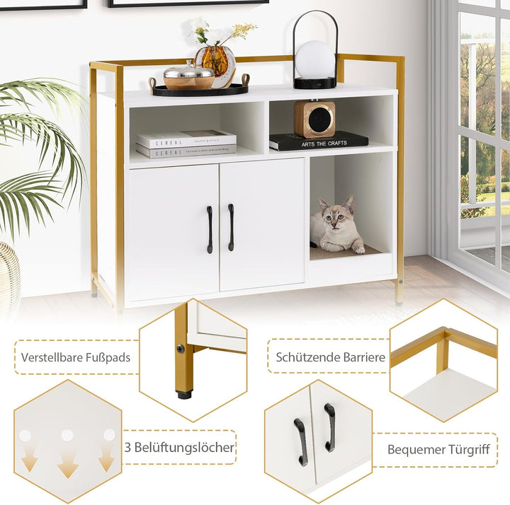 COSTWAY Katzenschrank Katzentoilette mit Doppeltüren &amp; Kratzunterlage, Katzenhaus mit offenem Regal