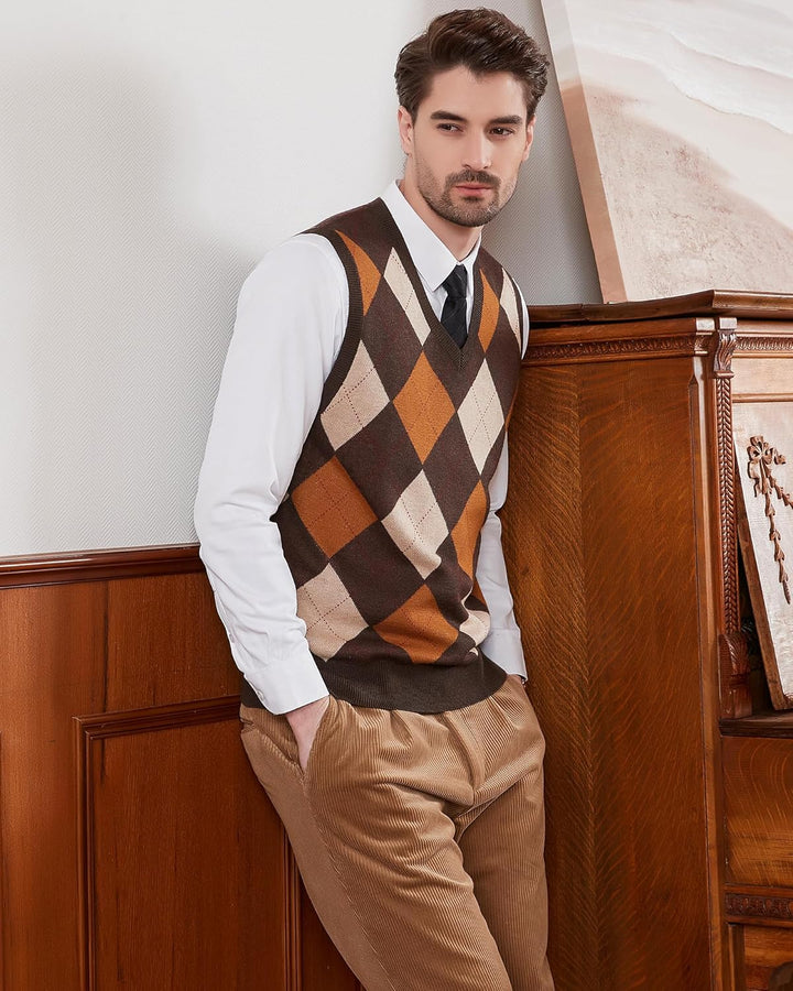 Kallspin Herren Argyle Gestrickt Ärmellos Pullover Wollmischung V-Ausschnitt Strickwesten XXL Braun,