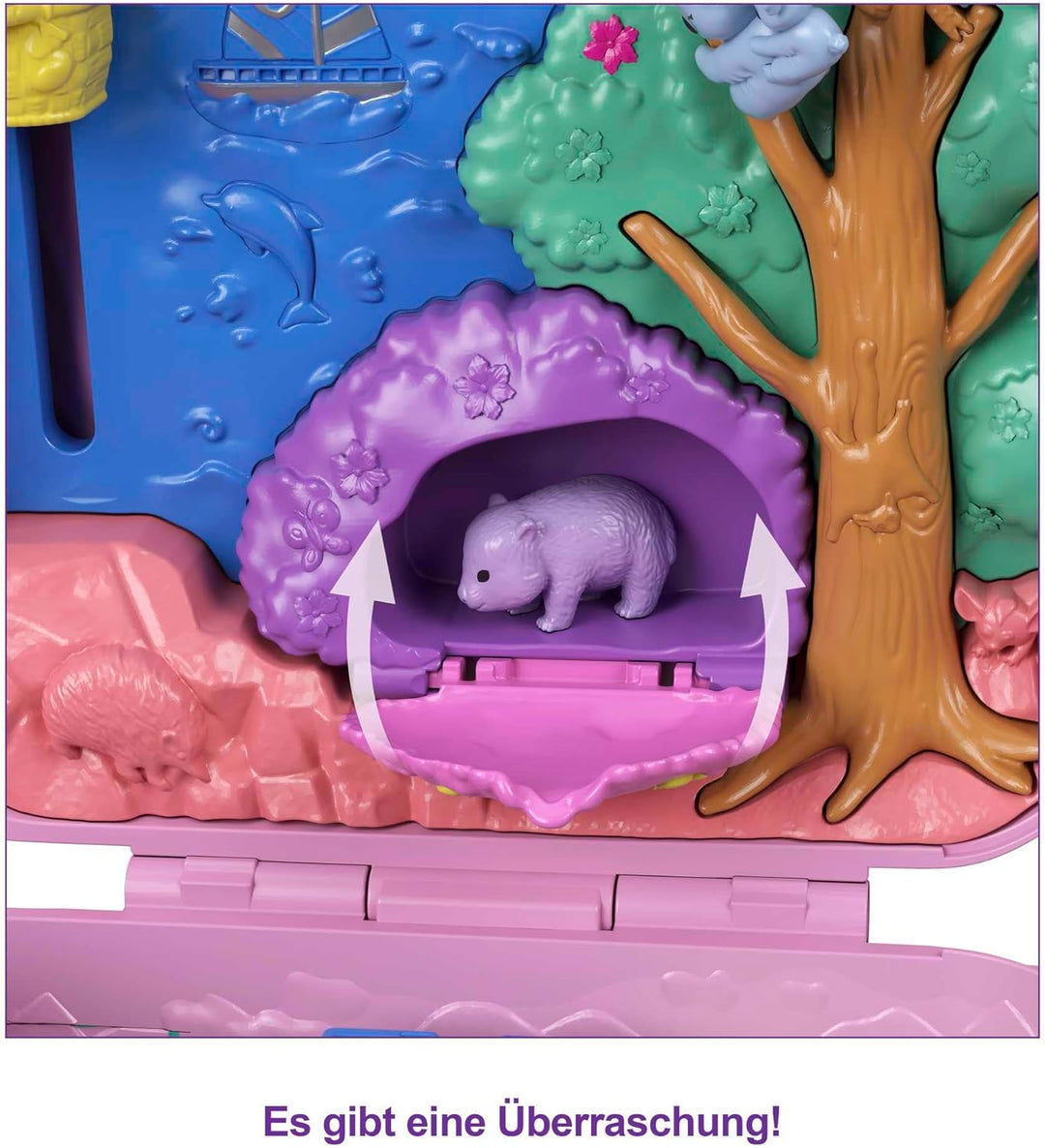 Polly Pocket Schatulle, Koala Bär in Tierabenteuer Thema, mit 2 Puppen, 5 Tieren und 1 Auto, interak