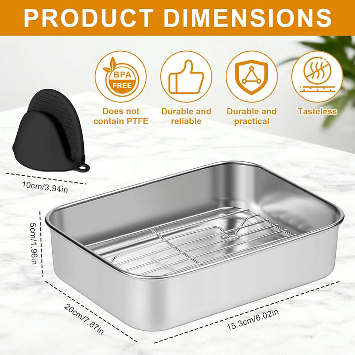 Edelstahl Auflaufform für Airfryer 20x15.3x5cm, Antihaft Backform mit Abtropfgitter & Hitzeschutzgri