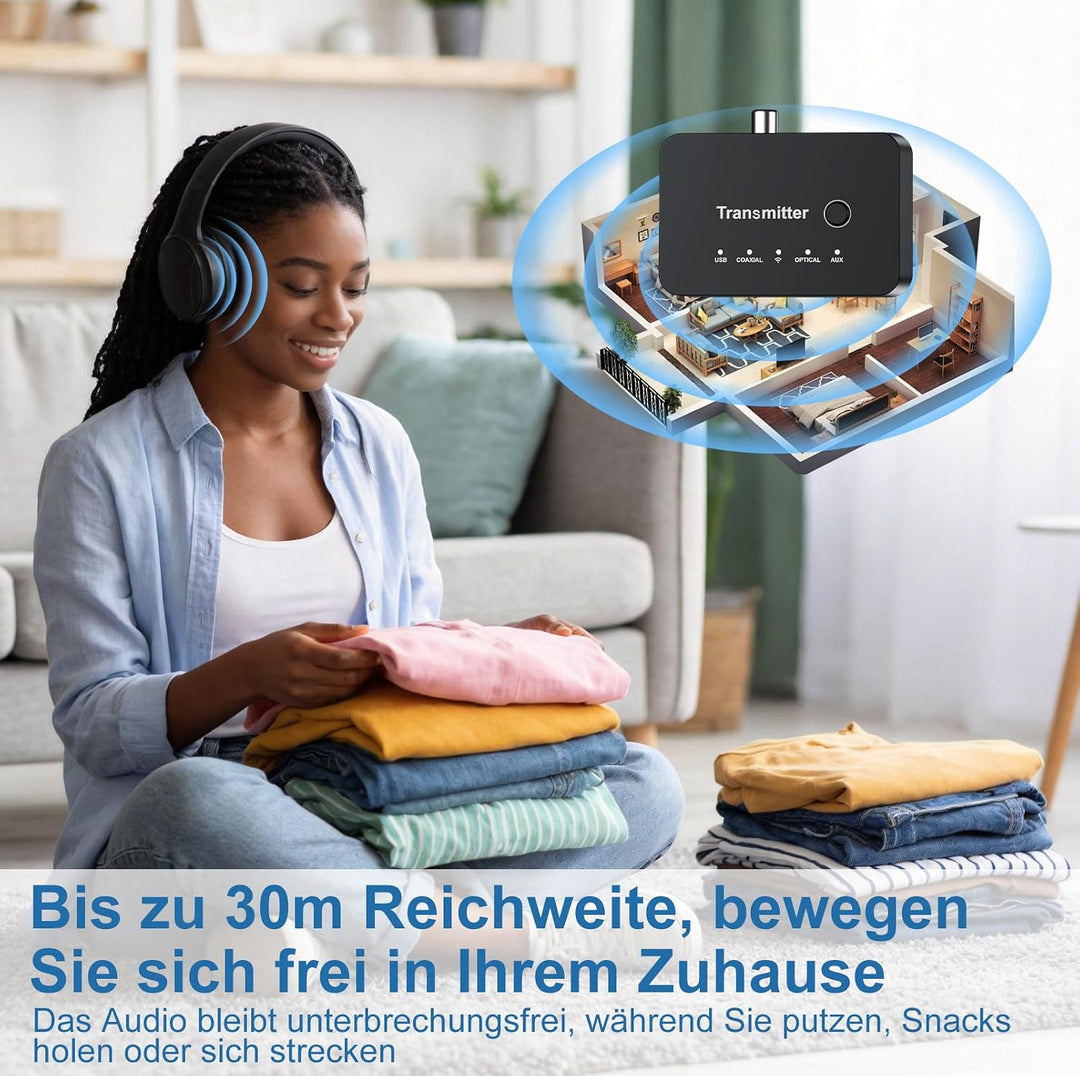 Kabellose TV-Kopfhörer für Senioren, 2,4G RF &amp; Bluetooth 5.4 mit 5-in-1 Sender (Optisch/Koaxial/RCA/