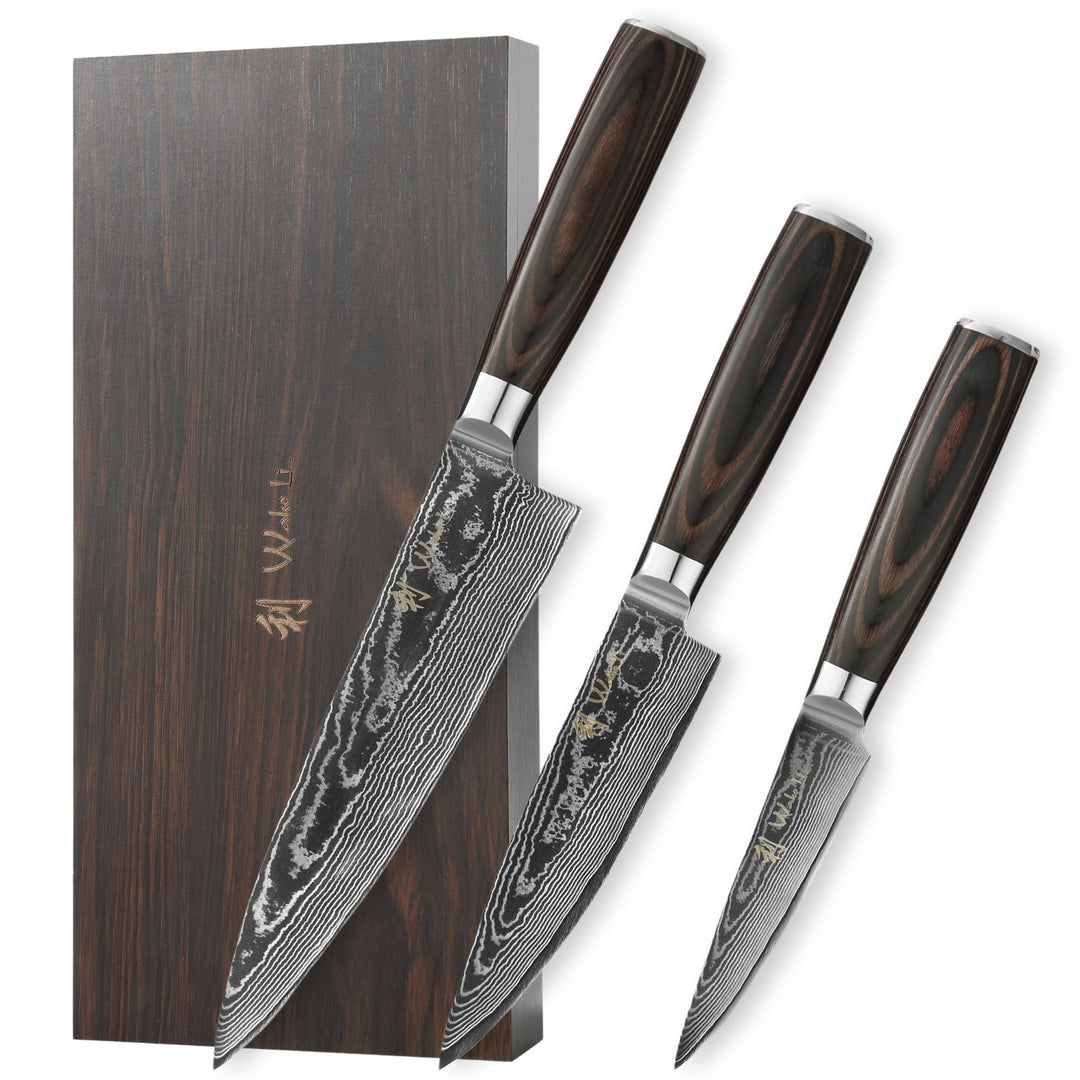 Wakoli EDIB Essentials 3er Küchenmesser Set mit 8-17cm Klingen I 67 Lagen Damaststahl I Chefmesser,