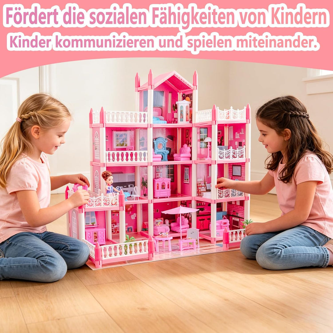 Grosses Puppenhaus für Mädchen von 3–12 Jahren, 11 Zimmer, Puppenhaus mit Beleuchtung, Spielmatte, P