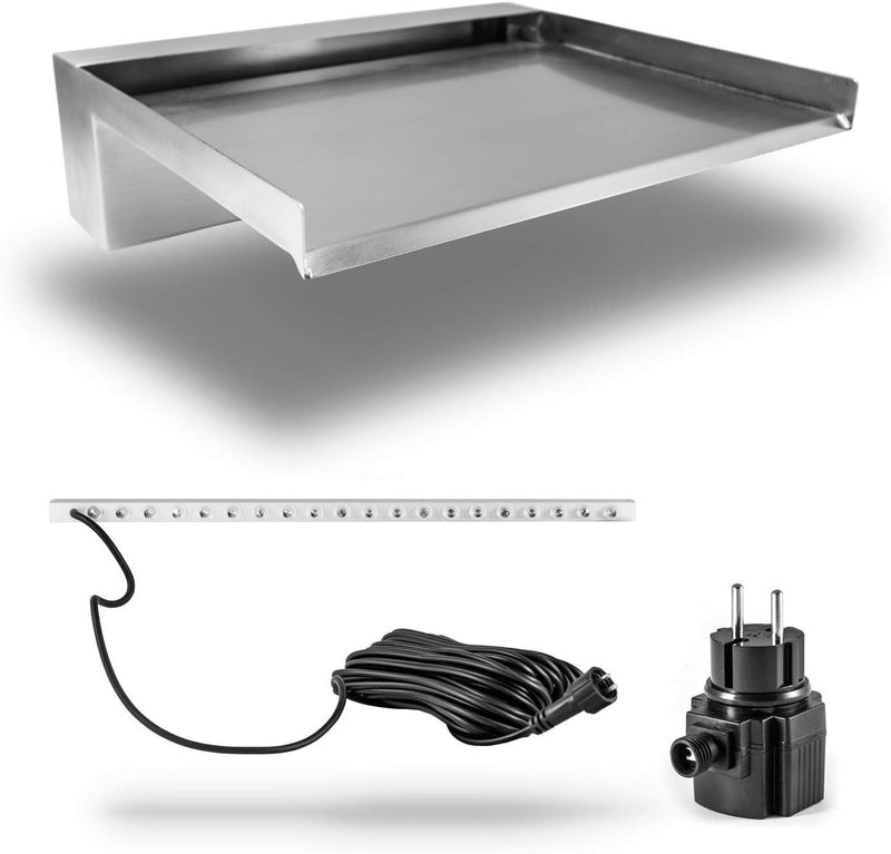 CLGarden Wasserfall Edelstahl Element 30cm breit mit weisser LED Beleuchtung für Garten Bachlauf Nat