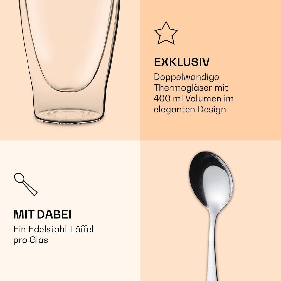 DUOS® Latte Macchiato Gläser 4x 400ml + 4x Löffel, Cappuccino Tassen, Eiskaffee Doppelwandige Kaffee