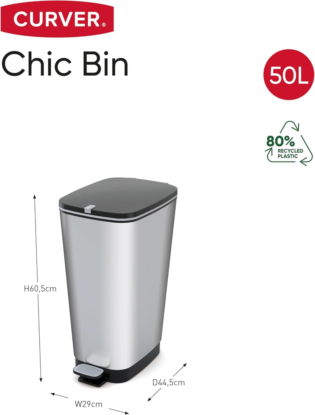 CURVER KIS Chic Bin Style Treteimer 45l mit Deckel und Pedal, Müllbeutelaufhängung, Silber metallic,