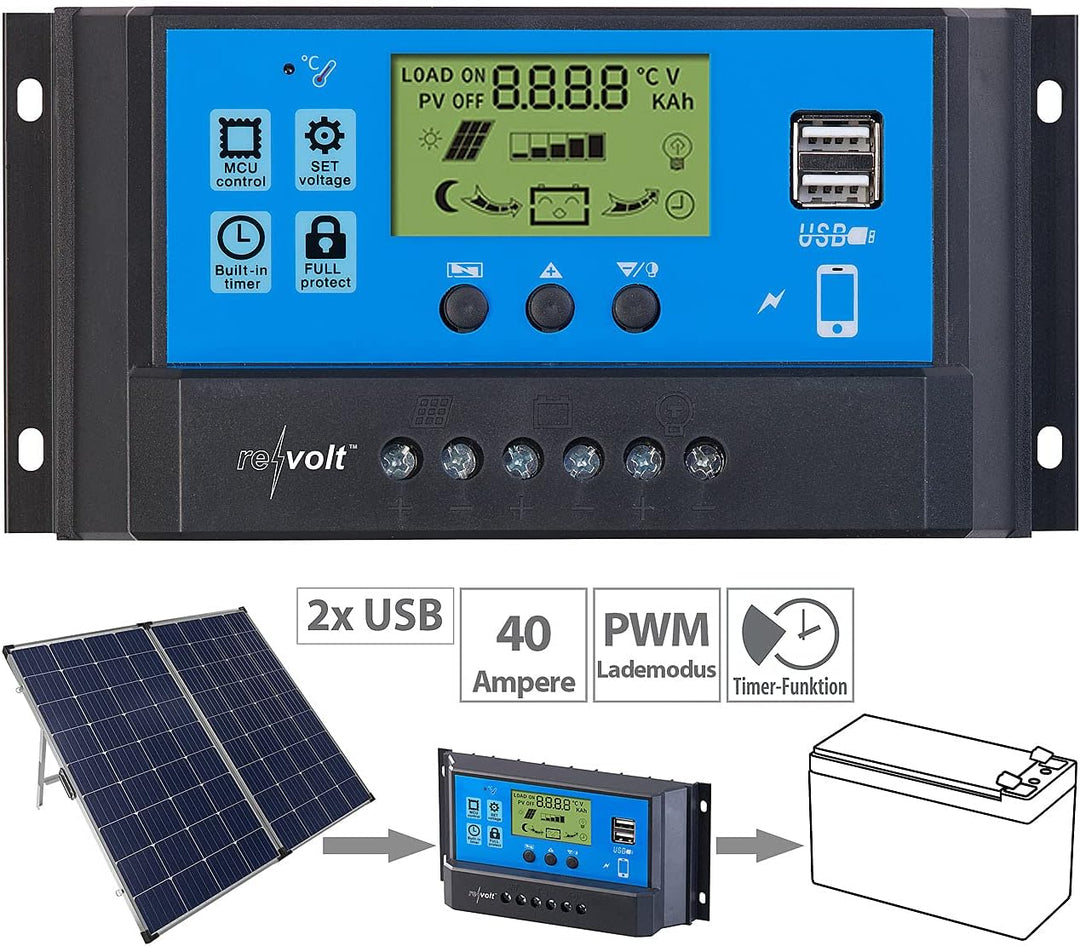 revolt Laderegler 12V: Solar-Laderegler für 12/24-V-Akkus, PWM-Lademodus, 2 USB-Ports, 40 A (Solar C